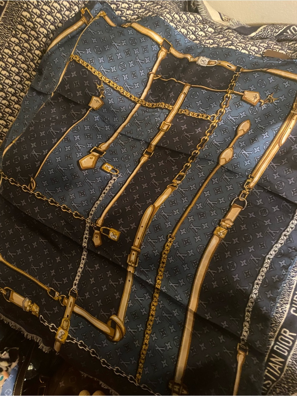 Louis Vuitton Blue Monogram Scarf with Gold Strap Details - Picture 3 of 7